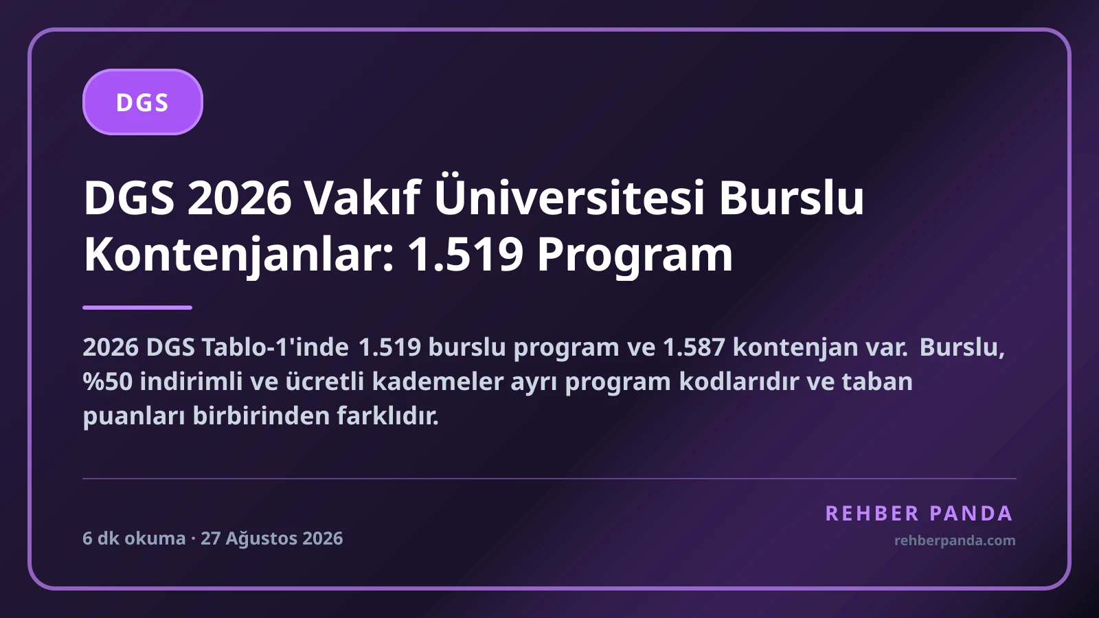 DGS 2026 Vakıf Üniversitesi Burslu Kontenjanlar: 1.519 Program
