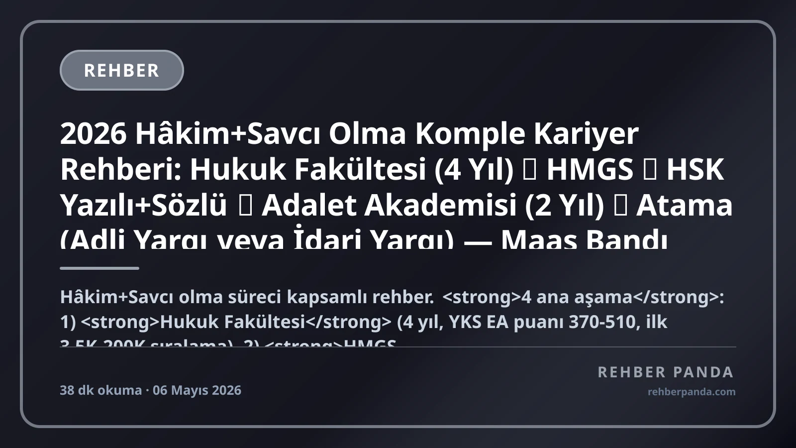 2026 Hâkim+Savcı Olma Komple Kariyer Rehberi: Hukuk Fakültesi (4 Yıl) → HMGS → HSK Yazılı+Sözlü → Adalet Akademisi (2 Yıl) → Atama (Adli Yargı veya İdari Yargı) — Maaş Bandı (Stajyer Hakim 75-90K → Yargıtay/Danıştay/AYM Üyesi 280-450K), Kıdemli Hakim+Savcı Yolu, Anayasa Mahkemesi (AYM), Yaş Sınırı 35