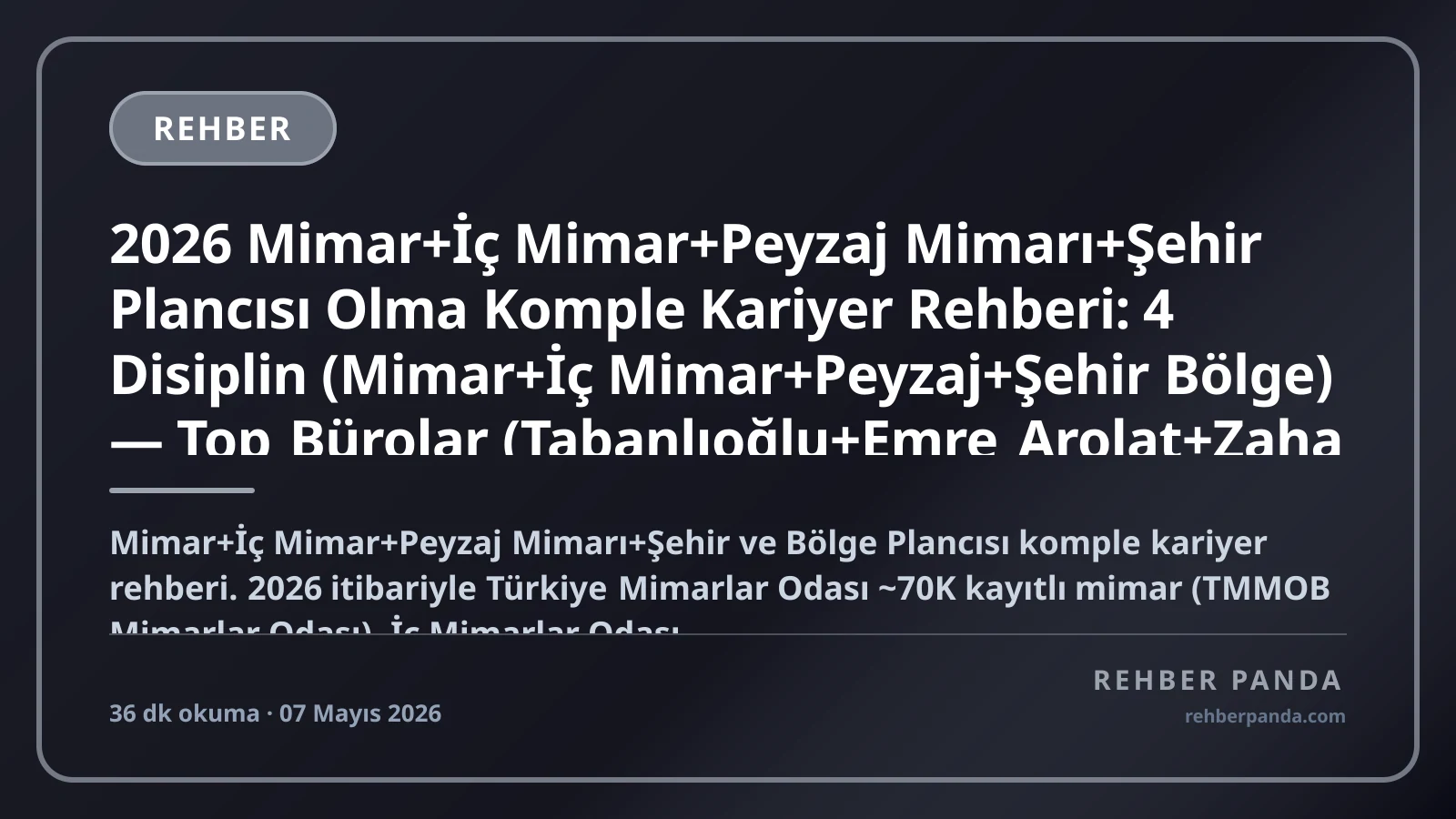 2026 Mimar+İç Mimar+Peyzaj Mimarı+Şehir Plancısı Olma Komple Kariyer Rehberi: 4 Disiplin (Mimar+İç Mimar+Peyzaj+Şehir Bölge) — Top Bürolar (Tabanlıoğlu+Emre Arolat+Zaha Hadid+Foster+SOM+Gensler), AutoCAD+Revit+BIM+SketchUp+Rhino+LEED+BREEAM Sertifikalar, Yurt Dışı Dubai+Londra+New York, Maaş 60K-1,5M+ TL/ay