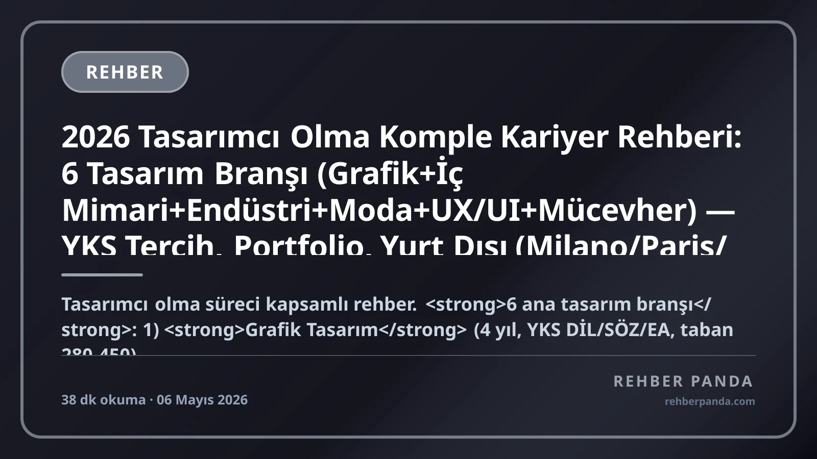 2026 Tasarımcı Olma Komple Kariyer Rehberi: 6 Tasarım Branşı (Grafik+İç Mimari+Endüstri+Moda+UX/UI+Mücevher) — YKS Tercih, Portfolio, Yurt Dışı (Milano/Paris/NYC/Londra), Top Türk+Global İşverenler, Maaş Bandı (Junior 50K → Creative Director 1M+ TL)