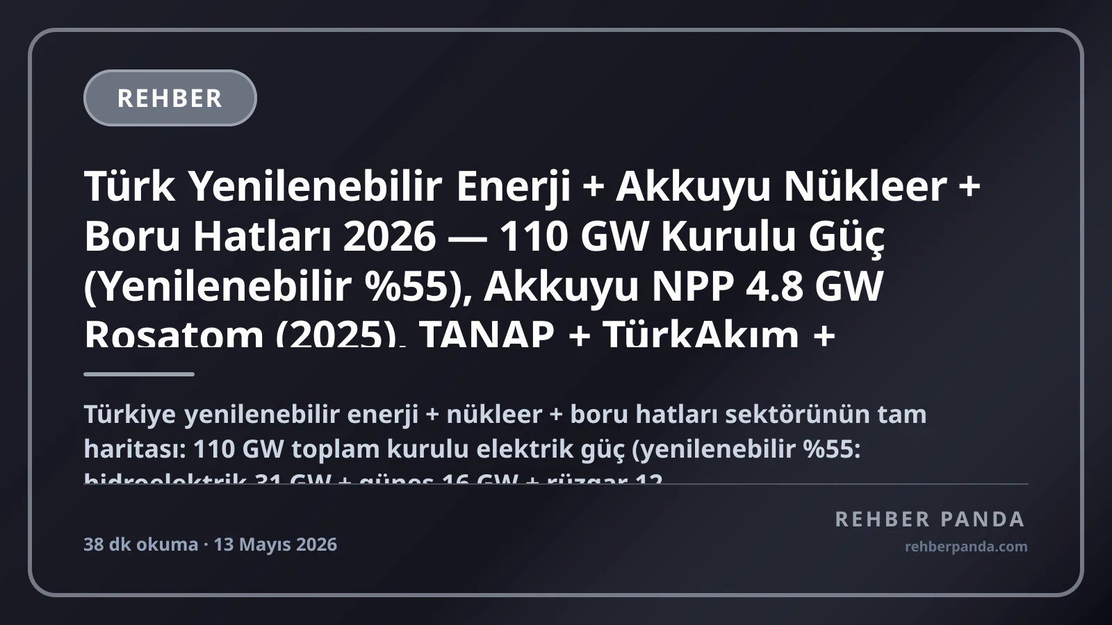 Türk Yenilenebilir Enerji + Akkuyu Nükleer + Boru Hatları 2026 — 110 GW Kurulu Güç (Yenilenebilir %55), Akkuyu NPP 4.8 GW Rosatom (2025), TANAP + TürkAkım + MaviAkım, BOTAŞ + TPAO + EÜAŞ + TEİAŞ + EPDK Premium Komple Kariyer Rehberi (Pillar 312)