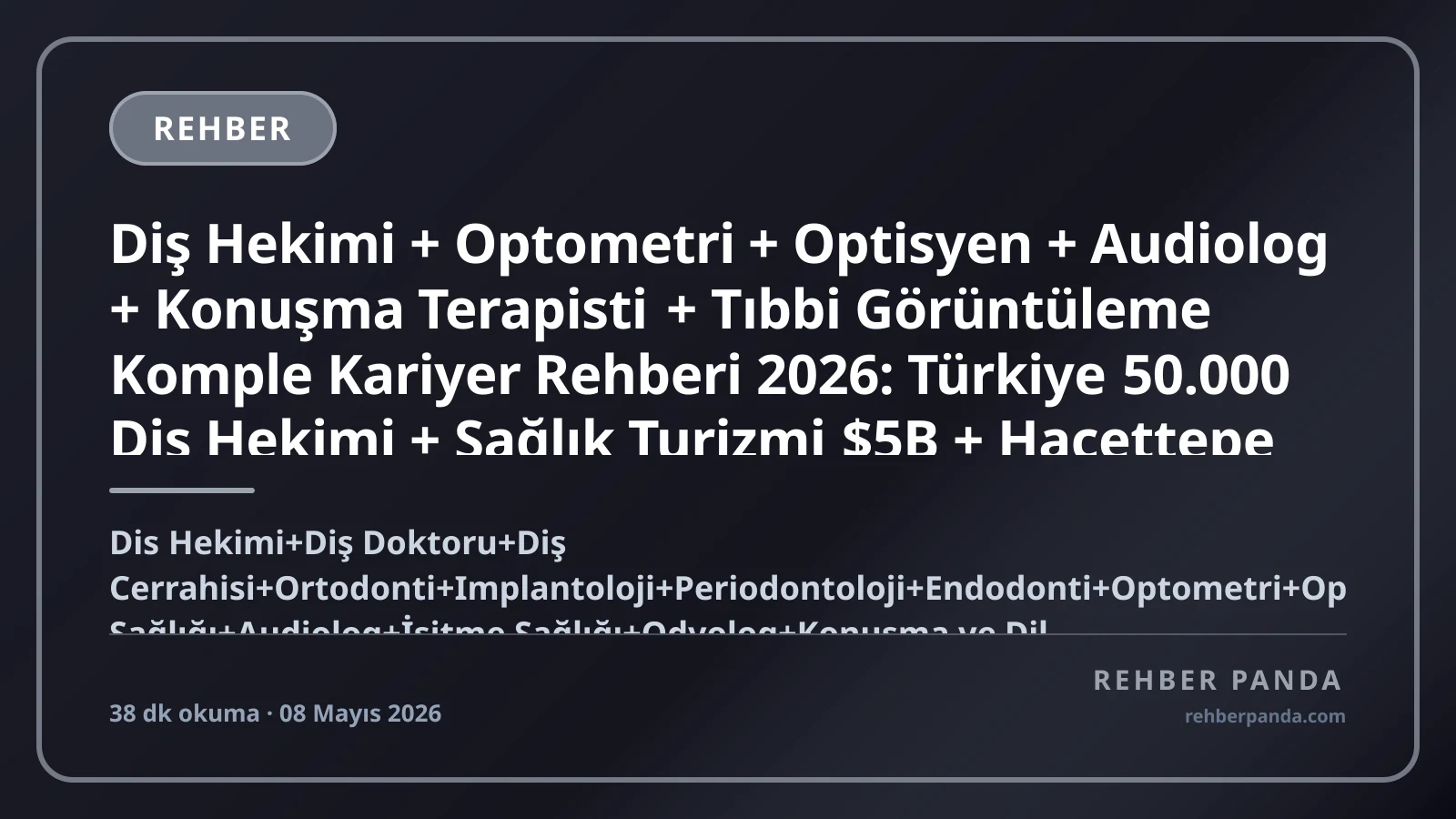 Diş Hekimi + Optometri + Optisyen + Audiolog + Konuşma Terapisti + Tıbbi Görüntüleme Komple Kariyer Rehberi 2026: Türkiye 50.000 Diş Hekimi + Sağlık Turizmi $5B + Hacettepe Tıp + İstanbul Üni + Pittsburgh Optometry + Vanderbilt Audiology